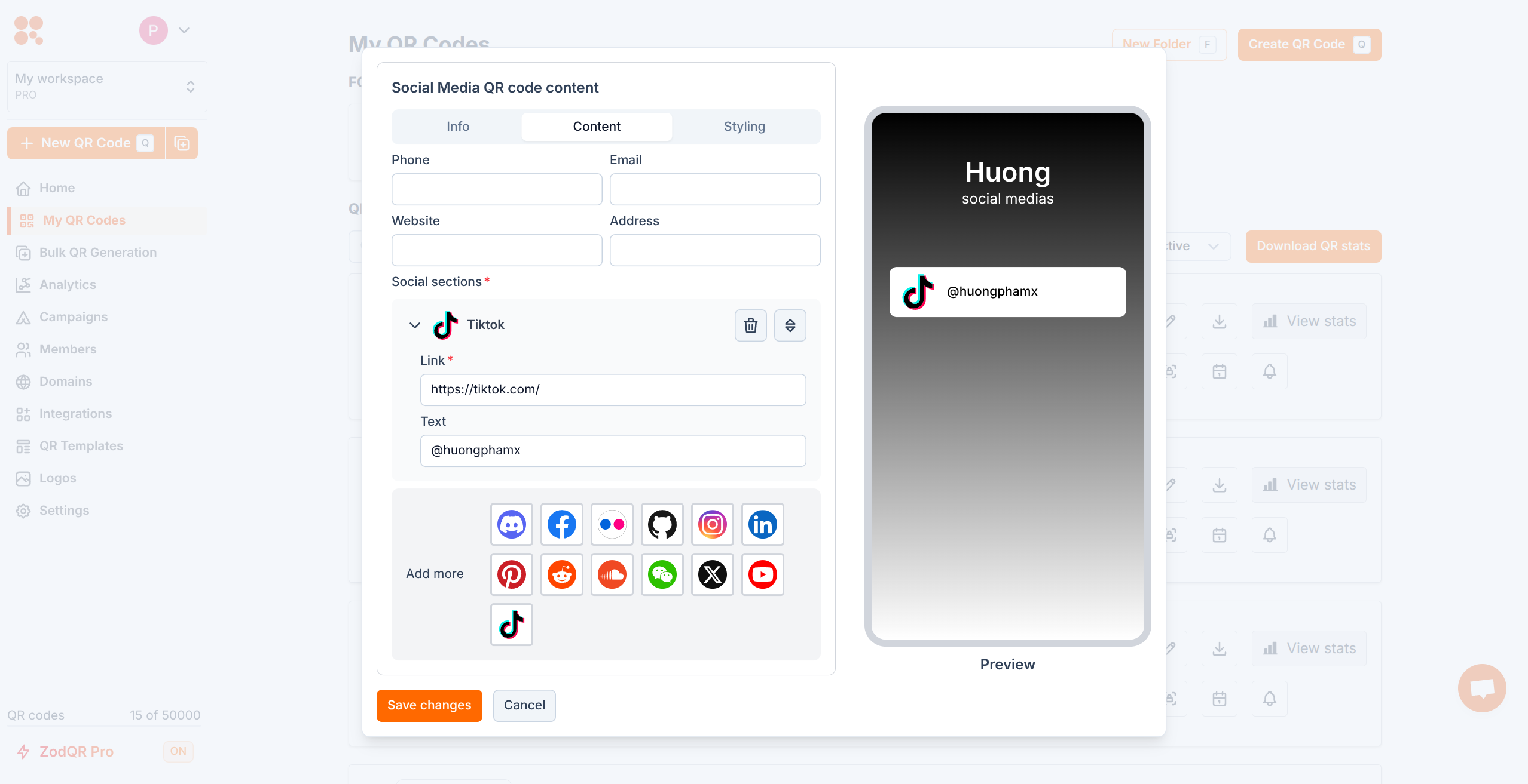 Editable QR Codes Dashboard